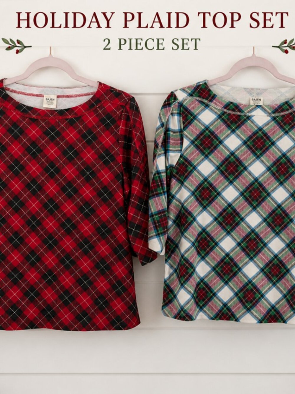 Holiday Cotton Plaid Tops Set Red Black & Green White Christmas 2 Piece Blouses